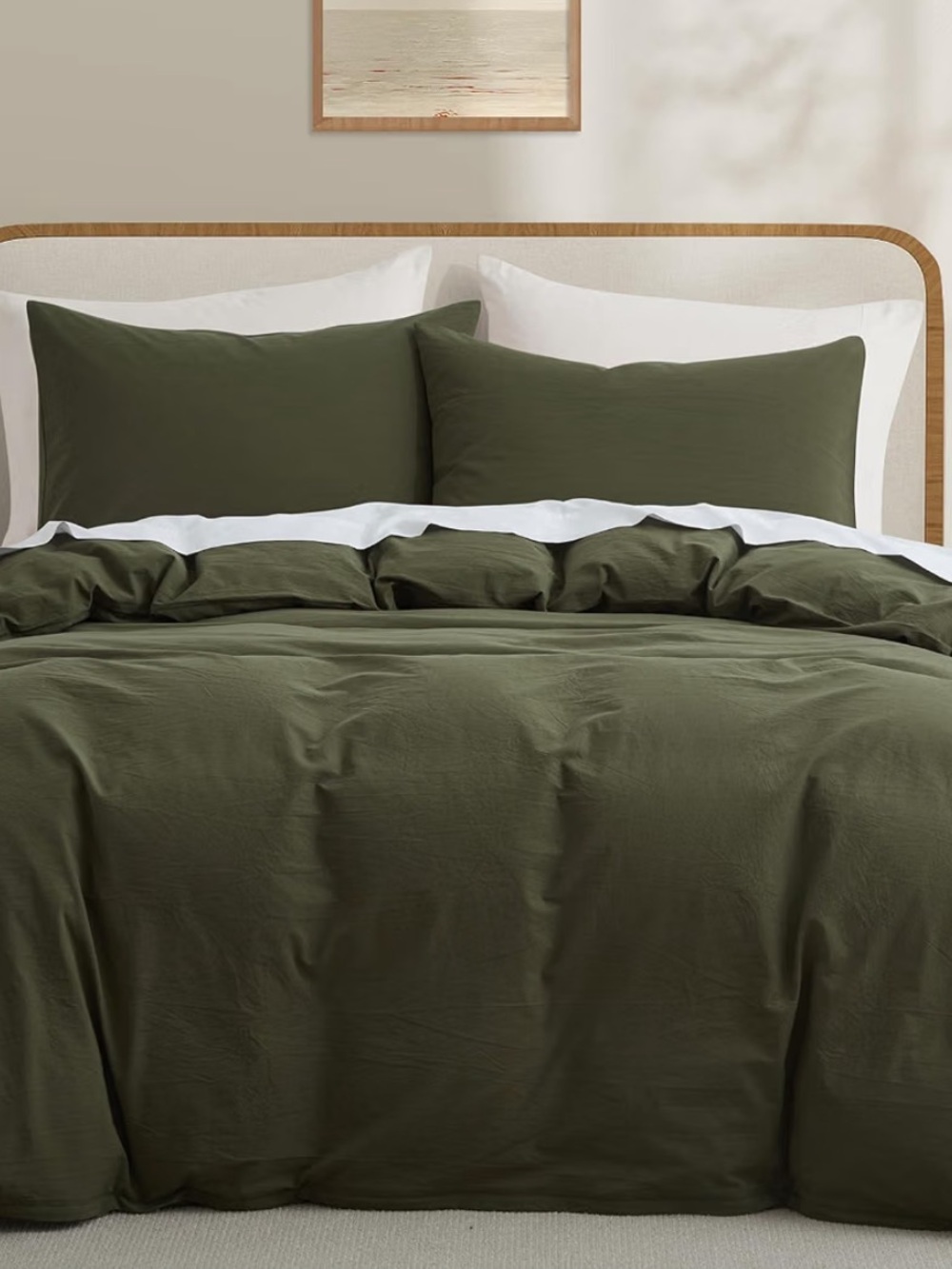 Olive Green Washed Cotton Duvet Cover Set - Queen